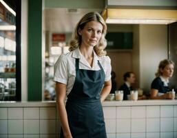 AI generated photo of beautiful woman as a waitress standing in retro dining restaurant, generative AI