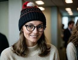 AI generated photo of beautiful woman with blonde hair and glasses and beanie hat office room, generative AI