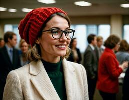 AI generated photo of beautiful woman with blonde hair and glasses and beanie hat office room, generative AI