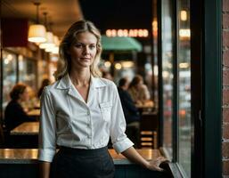 ai generado foto de hermosa mujer como un camarera en pie en retro comida restaurante, generativo ai