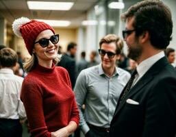 AI generated photo of beautiful woman with blonde hair and sunglasses and beanie hat office room, generative AI