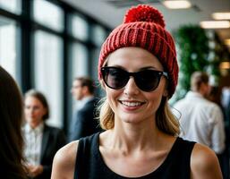 AI generated photo of beautiful woman with blonde hair and sunglasses and beanie hat office room, generative AI