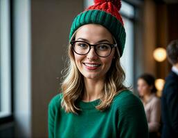 AI generated photo of beautiful woman with blonde hair and glasses and beanie hat office room, generative AI