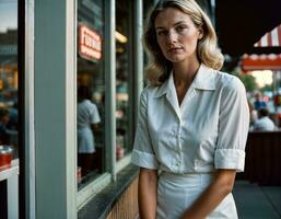 AI generated photo of beautiful woman as a waitress standing in retro dining restaurant, generative AI