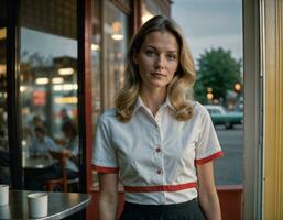 AI generated photo of beautiful woman as a waitress standing in retro dining restaurant, generative AI