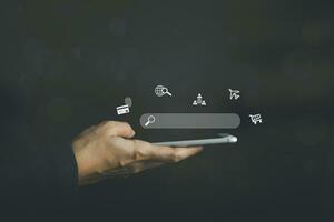 Concept global data connection with internet technology, user using smartphone for online transactions by internet technology, big data, database management, cloud computing, cashless society. photo