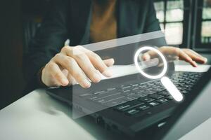 SEO Search engine optimization, Search technology, women's hands using a computer keyboard to search for information, using websites search bar to find the desired information or shopping online. photo