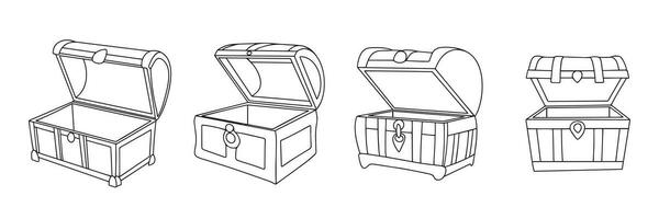 Set of hand drawn chest in doodle style. Collection of open empty chest, box outline. Hand drawn vector art.