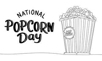 National Popcorn Day banner with line art Popcorn Box. Handwriting text and one line continuous Popcorn bucket. Hand drawn vector art