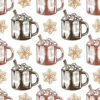 Seamless pattern of hand-drawn hot drink with marshmallows and cinnamon stick in a mug, ginger cookies. Hot chocolate, cocoa. Vector food drawing. Traditional Christmas dessert.