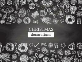 Hand-drawn Christmas template in sketch style. Wreath, gift, sweets, food, Christmas tree decor, drinks and spices on chalkboard background. Vintage design with an empty space. vector