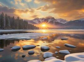 AI generated Scenic View Of Frozen Lake Against Sky During Winter photo