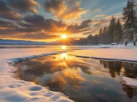 ai generado escénico ver de congelado lago en contra cielo durante invierno foto