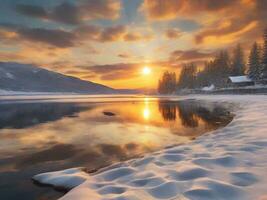 AI generated Scenic View Of Frozen Lake Against Sky During Winter photo