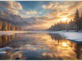 AI generated Scenic View Of Frozen Lake Against Sky During Winter photo