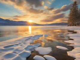 ai generado escénico ver de congelado lago en contra cielo durante invierno foto