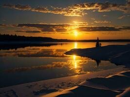 ai generado un imagen de un vibrante puesta de sol terminado un sereno lago, con vistoso reflexiones reluciente en el agua con nieve foto