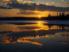 AI generated An image of a vibrant sunset over a serene lake, with colorful reflections shimmering on the water with snow photo