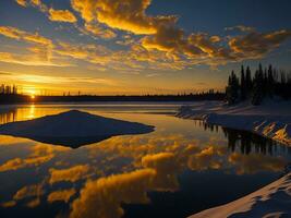 ai generado un imagen de un vibrante puesta de sol terminado un sereno lago, con vistoso reflexiones reluciente en el agua con nieve foto