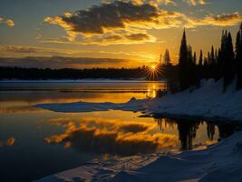 ai generado un imagen de un vibrante puesta de sol terminado un sereno lago, con vistoso reflexiones reluciente en el agua con nieve foto