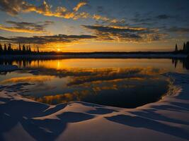 ai generado un imagen de un vibrante puesta de sol terminado un sereno lago, con vistoso reflexiones reluciente en el agua con nieve foto