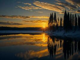 AI generated An image of a vibrant sunset over a serene lake, with colorful reflections shimmering on the water with snow photo