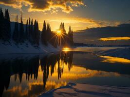 AI generated An image of a vibrant sunset over a serene lake, with colorful reflections shimmering on the water with snow photo