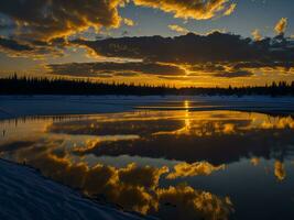 AI generated An image of a vibrant sunset over a serene lake, with colorful reflections shimmering on the water with snow photo