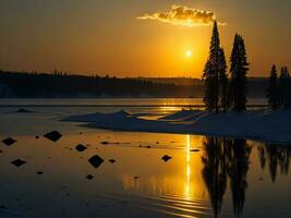 AI generated An image of a vibrant sunset over a serene lake, with colorful reflections shimmering on the water with snow photo