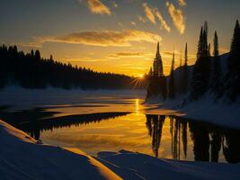 AI generated An image of a vibrant sunset over a serene lake, with colorful reflections shimmering on the water with snow photo
