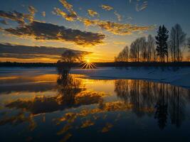 ai generado un imagen de un vibrante puesta de sol terminado un sereno lago, con vistoso reflexiones reluciente en el agua con nieve foto