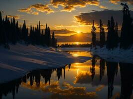 AI generated An image of a vibrant sunset over a serene lake, with colorful reflections shimmering on the water with snow photo