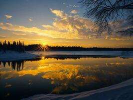 ai generado un imagen de un vibrante puesta de sol terminado un sereno lago, con vistoso reflexiones reluciente en el agua con nieve foto