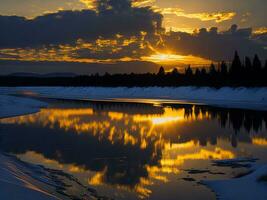 ai generado un imagen de un vibrante puesta de sol terminado un sereno lago, con vistoso reflexiones reluciente en el agua con nieve foto