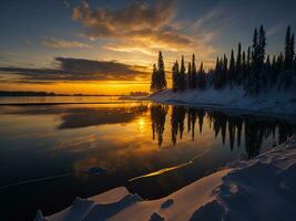 ai generado un imagen de un vibrante puesta de sol terminado un sereno lago, con vistoso reflexiones reluciente en el agua con nieve foto