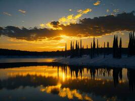 AI generated An image of a vibrant sunset over a serene lake, with colorful reflections shimmering on the water with snow photo