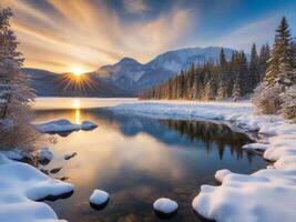 ai generado escénico ver de congelado lago en contra cielo durante invierno foto