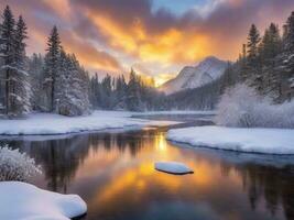 ai generado escénico ver de congelado lago en contra cielo durante invierno foto