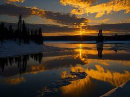 AI generated An image of a vibrant sunset over a serene lake, with colorful reflections shimmering on the water with snow photo