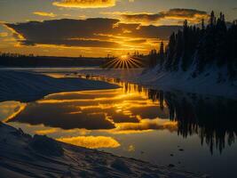 AI generated An image of a vibrant sunset over a serene lake, with colorful reflections shimmering on the water with snow photo