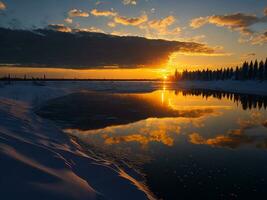 ai generado un imagen de un vibrante puesta de sol terminado un sereno lago, con vistoso reflexiones reluciente en el agua con nieve foto