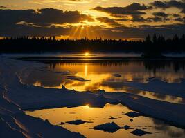 AI generated An image of a vibrant sunset over a serene lake, with colorful reflections shimmering on the water with snow photo