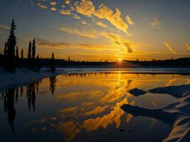 ai generado un imagen de un vibrante puesta de sol terminado un sereno lago, con vistoso reflexiones reluciente en el agua con nieve foto