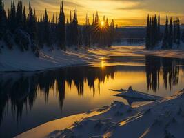 AI generated An image of a vibrant sunset over a serene lake, with colorful reflections shimmering on the water with snow photo