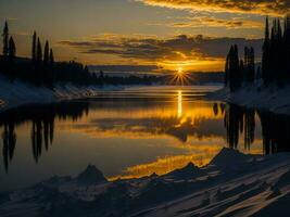 ai generado un imagen de un vibrante puesta de sol terminado un sereno lago, con vistoso reflexiones reluciente en el agua con nieve foto