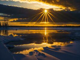 ai generado un imagen de un vibrante puesta de sol terminado un sereno lago, con vistoso reflexiones reluciente en el agua con nieve foto