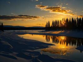 AI generated An image of a vibrant sunset over a serene lake, with colorful reflections shimmering on the water with snow photo