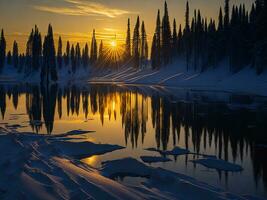 AI generated An image of a vibrant sunset over a serene lake, with colorful reflections shimmering on the water with snow photo