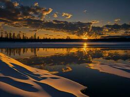 ai generado un imagen de un vibrante puesta de sol terminado un sereno lago, con vistoso reflexiones reluciente en el agua con nieve foto