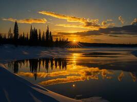 AI generated An image of a vibrant sunset over a serene lake, with colorful reflections shimmering on the water with snow photo